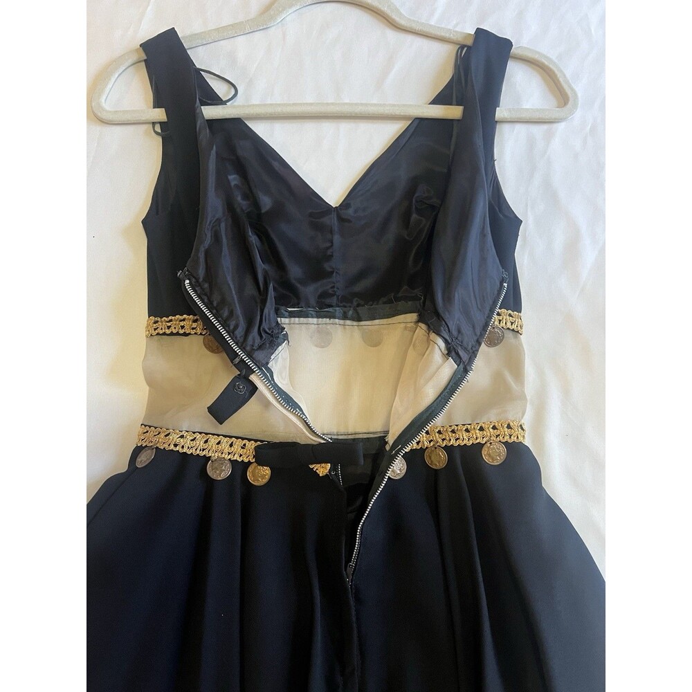 Vtg 60s Black Cocktail Dress XS Gold Coin Trim Mesh Midriff Asymmetrical Hem Mod - Picture 6 of 8